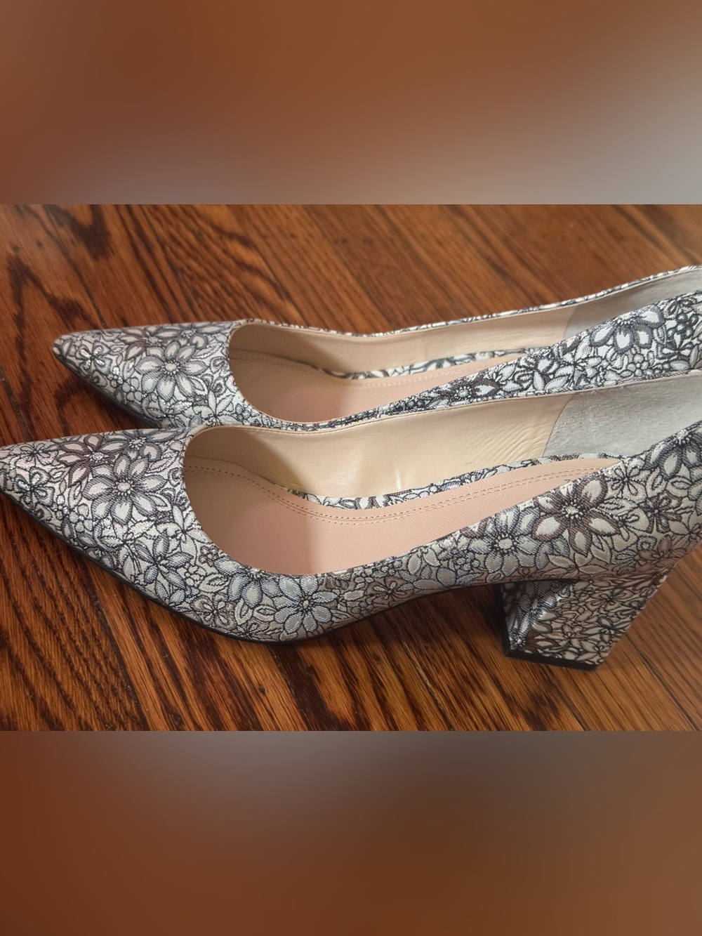 Marc Fisher white and Black Floral Block Heel Pumps
